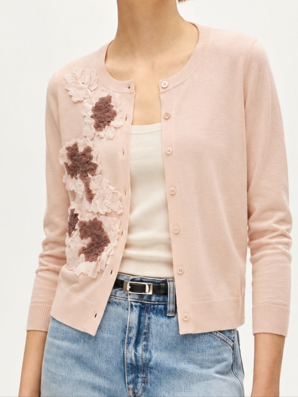 J.Crew Collection 100% Merino Wool 3D Floral Appliqué Cardigan Pink